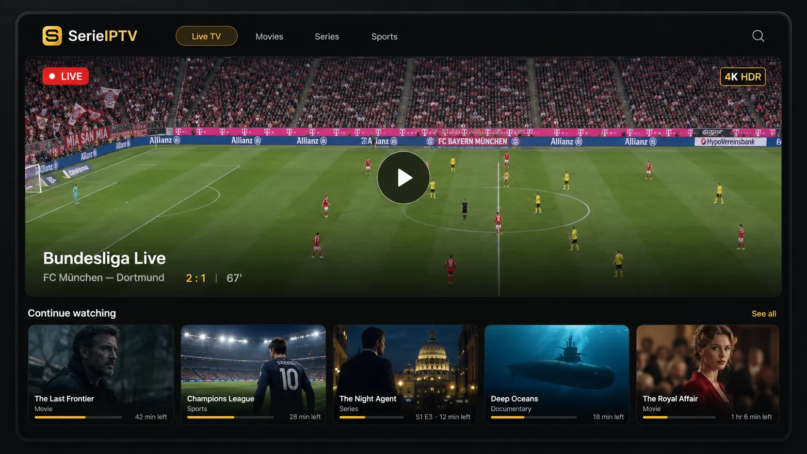 SerieTV Live-TV-Oberfläche mit Champions-League-Spiel und Senderübersicht